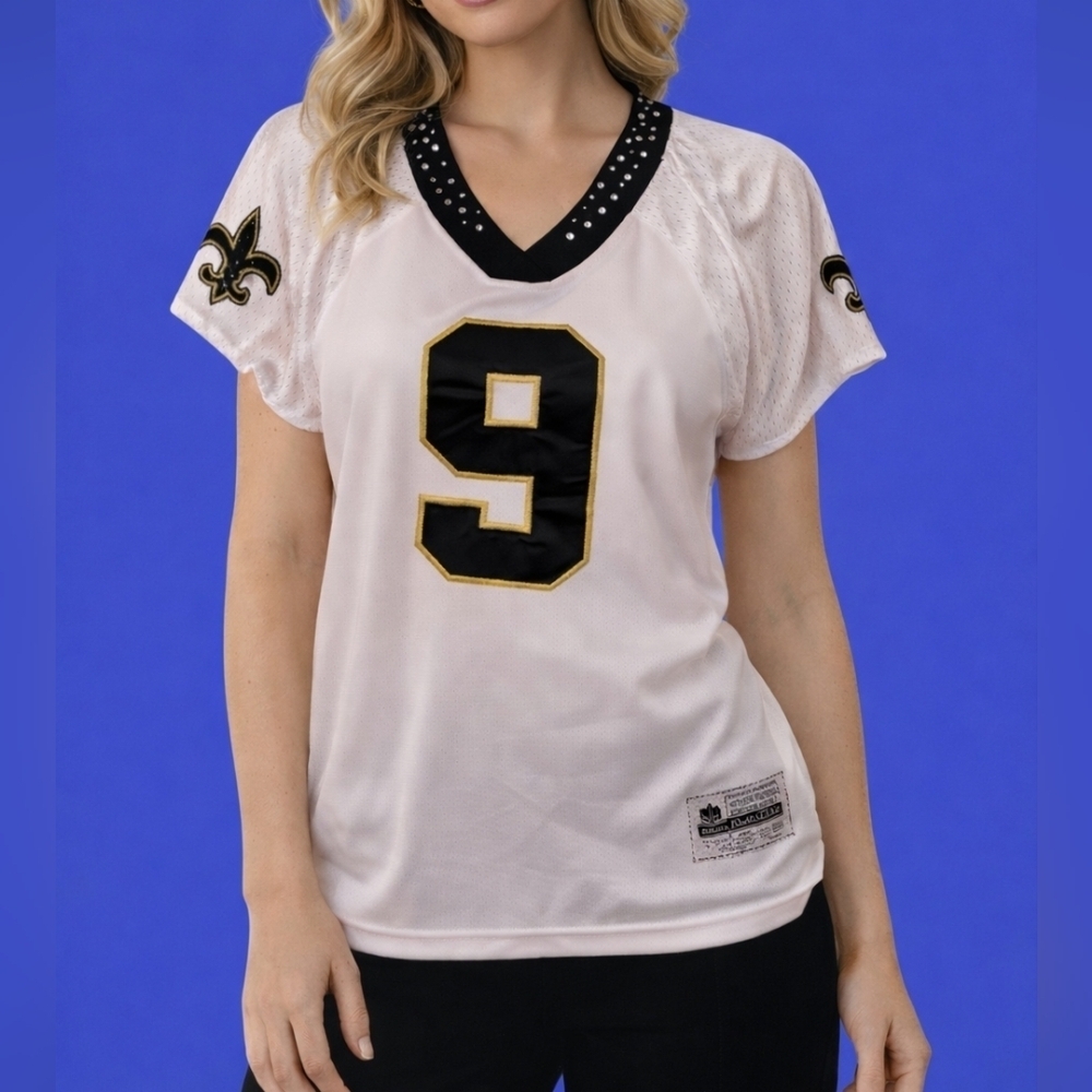 REEBOK NFL Embellished Drew Brees New Orleans Saints V-Neck Jersey Small